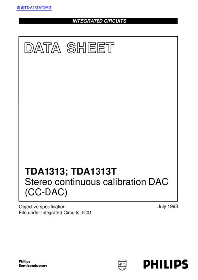 Philips TDA1313; TDA1313T Stereo Continuous Calibration DAC Datasheet - cover page