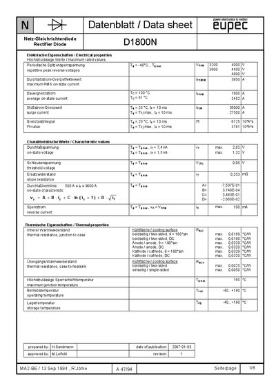 Eupec D1800N MA2-BE Rectifier Diode Datasheet - cover page