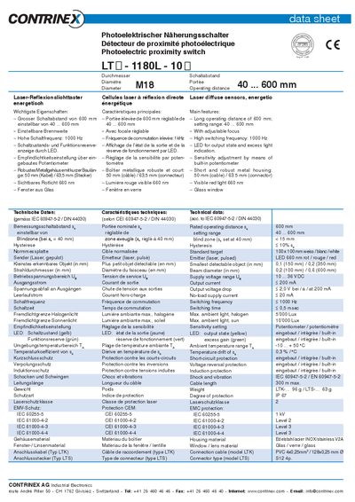 Contrinex LTO-1180L-100 Photoelectric Proximity Switch Datasheet - cover page