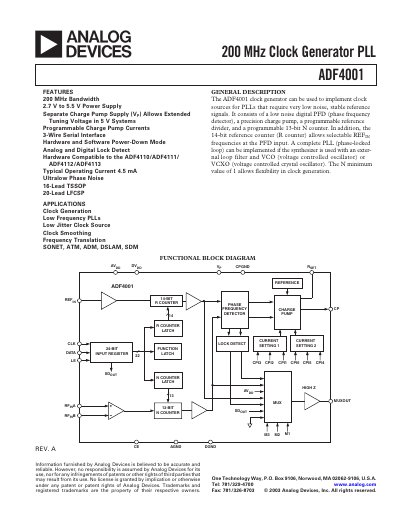 Analog Devices ADF4001 Clock Generator PLL Datasheet