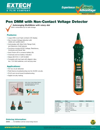 EXTECH 381676 Pen MultiMeter with Non-Contact Voltage Detector Datasheet - cover page