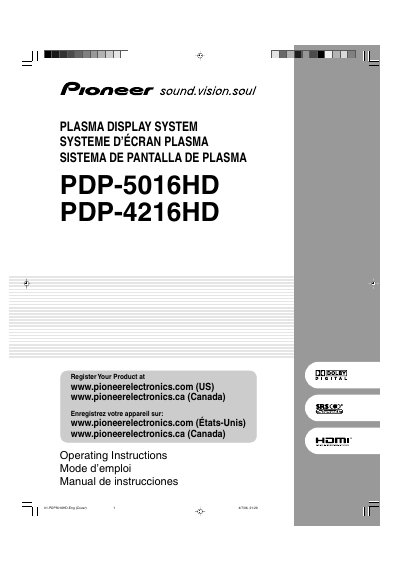Pioneer PDP-5016HD/PDP-4216HD Plasma Display Operating Instructions - cover page