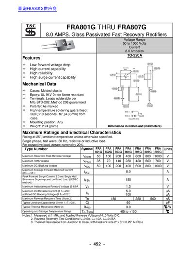 TSC FRA801G–FRA807G Glass Passivated Fast Recovery Rectifiers Datasheet - cover page