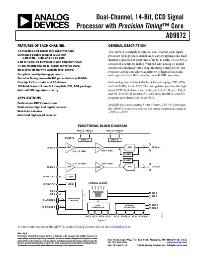 Analog Devices AD9972 Dual-Channel CCD Signal Processor Datasheet - cover page