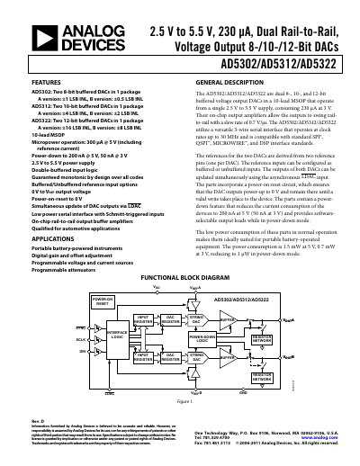 Analog Devices AD5302/AD5312/AD5322 Dual‑Channel DAC Datasheet