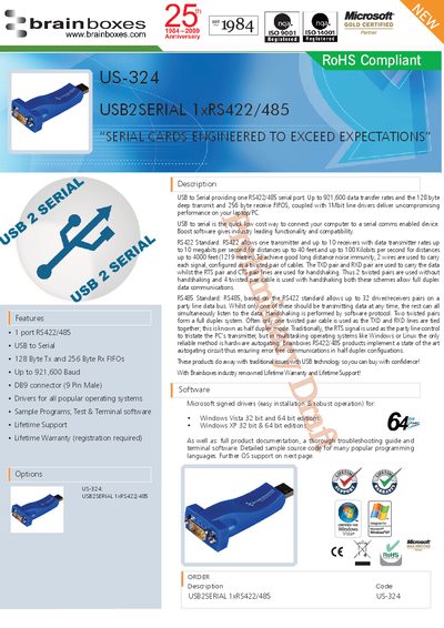Brainboxes US-324 USB2SERIAL 1xRS422/485 Product Leaflet - cover page