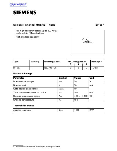 Philips BF 987 Silicon N Channel MOSFET Triode Datasheet - cover page