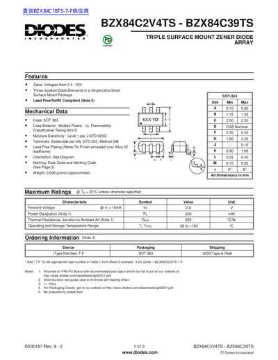 Diodes Incorporated BZX84C2V4TS to BZX84C39TS Triple Surface Mount Zener Diode Array Datasheet - cover page