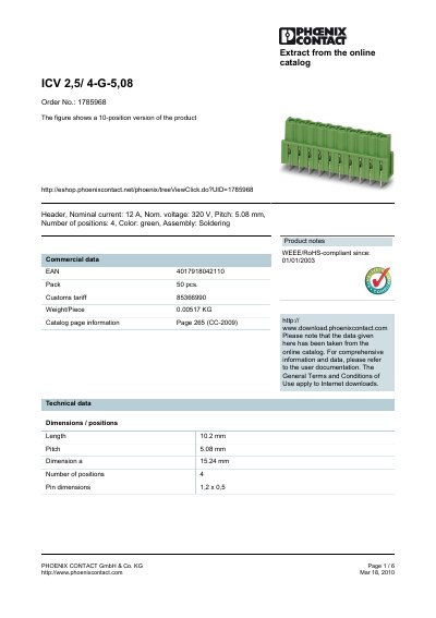 PHOENIX CONTACT ICV 2 5/ 4-G-5 08 Order No.: 1785968 The figure shows a 10-position version of the product handbook - cover page