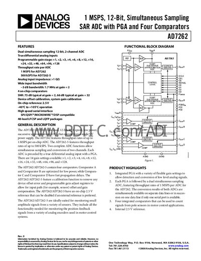 Analog Devices AD7262 12‑Bit Simultaneous‑Sampling ADC Datasheet - cover page