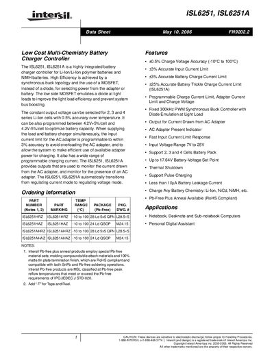 Intersil ISL6251/ISL6251A Battery Charger Controller Datasheet - cover page