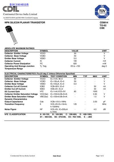 CDIL CD9014 TO-92 CBE NPN SILICON PLANAR TRANSISTOR Data Sheet - cover page