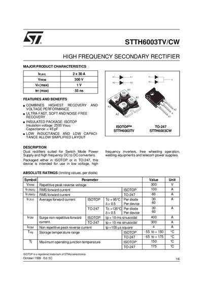 STMicroelectronics STTH6003TV/CW Dual Rectifier Datasheet - cover page