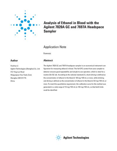 Agilent 7820A GC/7697A Headspace Sampler Application Note: Analysis of Ethanol in Blood - cover page