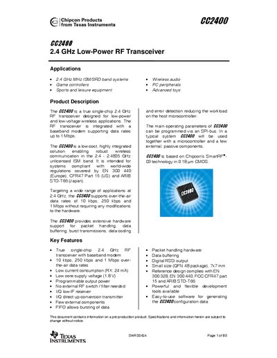 Texas Instruments CC2400 RF Transceiver Handbook - cover page