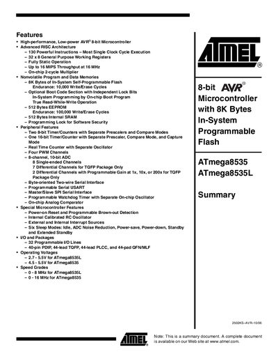 ATMEL ATmega8535/ATmega8535L handbook - cover page