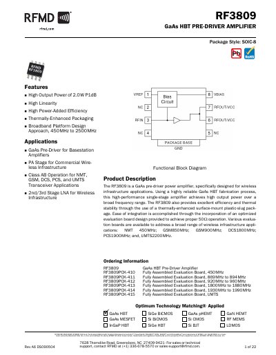 RFMD RF3809 GaAs HBT Pre-Driver Amplifier Datasheet - cover page