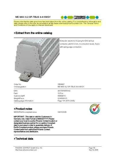 Phoenix Contact ME MAX 6,2 SP-TBUS 4-4 KMGY Datasheet - cover page