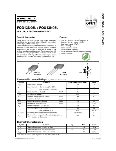 Fairchild Semiconductor FQD13N06L / FQU13N06L 60V Logic N-Channel MOSFET Datasheet - cover page