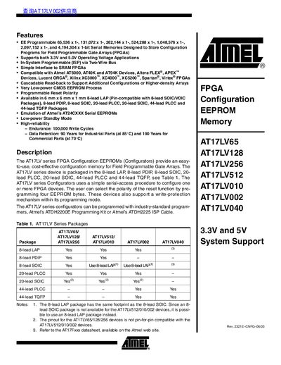 ATMEL AT17LV65 AT17LV128 AT17LV256 AT17LV512 AT17LV010 AT17LV002 AT17LV040 DATA SHEET - cover page