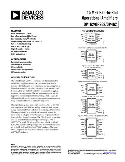 Analog Devices OP162/OP262/OP462 Datasheet - cover page