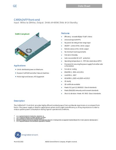 GE CAR0424FP Front-End Power Supply Data Sheet - cover page