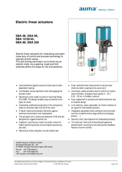 AUMA SBA 06/08/12/20/45/80/200 Electric Linear Actuators User Manual - cover page