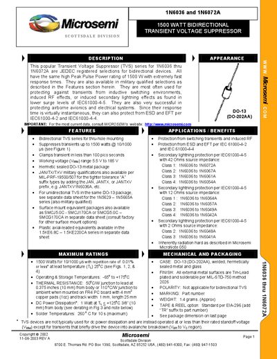Microsemi 1N6036 1N6072A Data Sheet - cover page