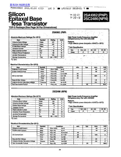 Panasonic 2SA1062 and 2SC2486 Datasheet - cover page