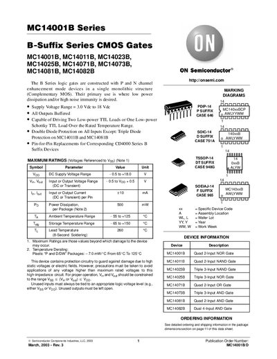 ON Semiconductor MC14001B Series Data Sheet - cover page