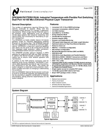 NATIONAL SEMICONDUCTOR DP83849I Manual - cover page