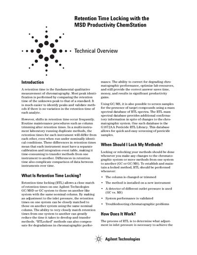 Agilent MSD Productivity ChemStation Retention Time Locking Technical Overview - cover page