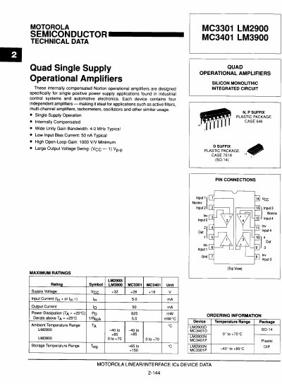 Motorola MC3301, MC3401, LM2900, LM3900 Quad Operational Amplifiers Datasheet