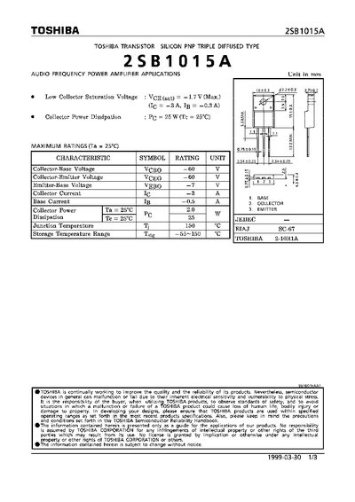 Toshiba 2SB1015A Datasheet - cover page