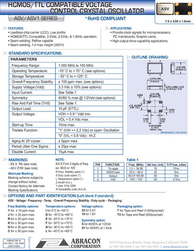 Abracon ASV/ASV1 Series HCMOS/TTL Compatible Voltage Control Crystal Oscillator Datasheet - cover page