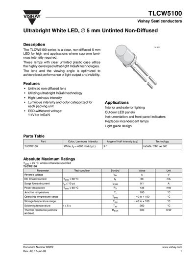 Vishay TLCW5100 Ultrabright White LED Datasheet - cover page