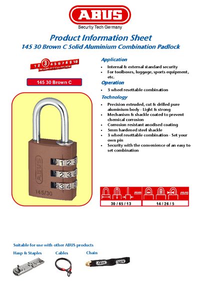 ABUS 145 30 Brown C Combination Padlock Product Information Sheet - cover page