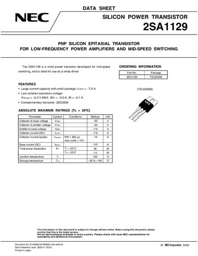 NEC 2SA1129 Datasheet - cover page