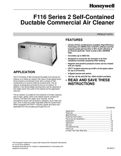 Honeywell F116 Series 2 Self-Contained Ductable Commercial Air Cleaner Handbook