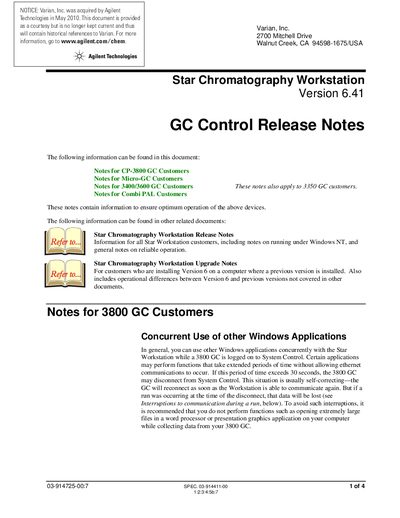 Agilent Star Chromatography Workstation Version 6.41 GC Control Release Notes - cover page
