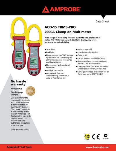Amprobe ACD-15 TRMS-PRO 2000A Clamp-on Multimeter Datasheet - cover page
