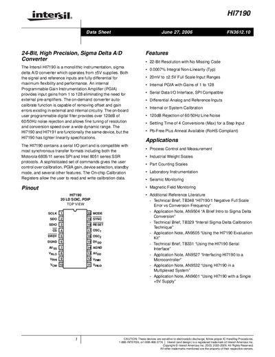 Intersil HI7190 24-Bit Sigma‑Delta ADC Datasheet - cover page