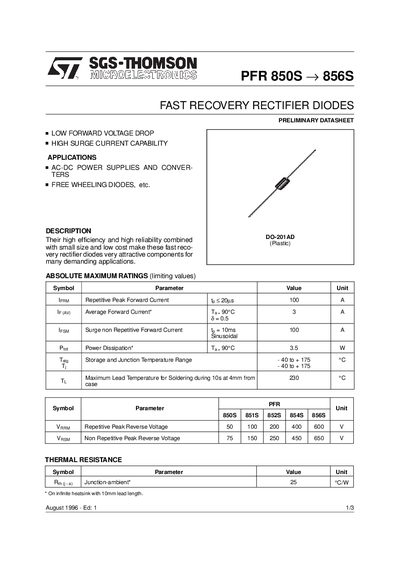 SGS-THOMSON PFR 850S-856S Fast Recovery Rectifier Diodes Datasheet - cover page