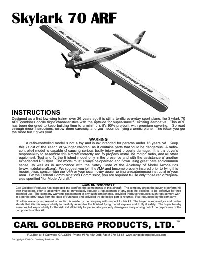 Carl Goldberg Products Skylark 70 ARF Assembly and Operation Manual - cover page