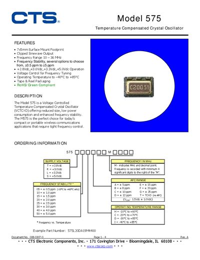 CTS Model 575 VCTCXO Datasheet - cover page