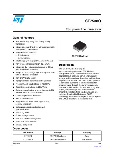 STMicroelectronics ST7538Q FSK Power Line Transceiver Datasheet
