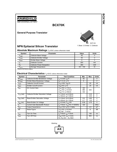 Fairchild BCX70K NPN Transistor Datasheet - cover page