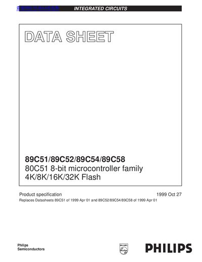 PHILIPS 89C51/89C52/89C54/89C58 80C51 8-bit microcontroller family 4K/8K/16K/32K Flash Data Sheet - cover page