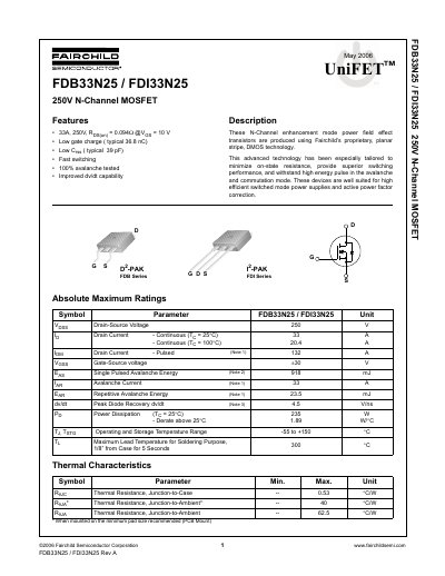 Fairchild Semiconductor FDB33N25/FDI33N25 250V N-Channel MOSFET Datasheet - cover page