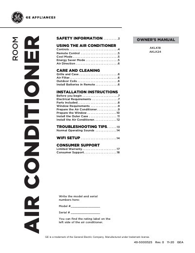 GE AKLK18 / AKLK24S Room Air Conditioner User Manual - cover page